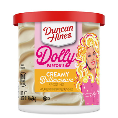 Duncan Hines Dolly Parton's Creamy Buttercream Frosting - available online in the limited-edition Dolly Parton's Baking Collection starting Jan. 26, 2022 and in stores beginning in March.