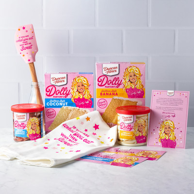 Duncan Hines Dolly Parton's limited-edition Baking Collection available online starting Jan. 26, 2022, while supplies last. The kit includes two of Dolly Parton's Southern-Style cake mixes and two buttercream frostings, a collectible tea towel and spatula, custom recipe cards and a letter from Dolly.