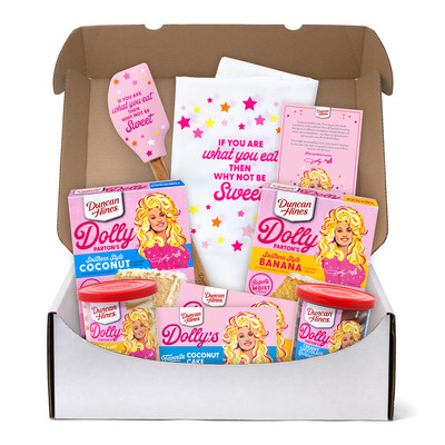 Duncan Hines Dolly Parton's limited-edition Baking Collection available online starting Jan. 26, 2022, while supplies last. The kit includes two of Dolly Parton's Southern Style cake mixes, 2 buttercream frostings, a collectible tea towel and spatula, custom recipe cards and a letter from Dolly.