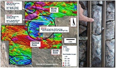Figure 3: (left) Ground magnetic survey defining major alteration zones and new structures. Figure 4:  (right) Epithermal vein in hole PP15-006: 2.1 meters grading 8.13 g/t gold and 29.1 g/t silver (CNW Group/Astra Exploration Limited)