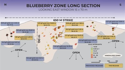 Figure 1: Long section of the Blueberry Zone depicting the most recent drill results. (CNW Group/Scottie Resources Corp.)