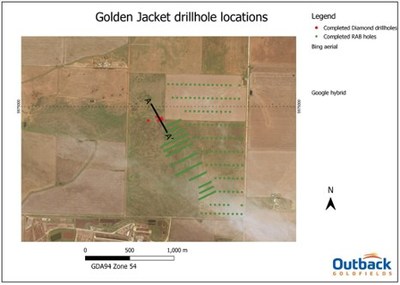 Figure 3: Map showing locations of drill holes completed to date. Collars of diamond drill holes are shown in red. Section line for Figure 4 is show as A-A'. (CNW Group/Outback Goldfields Corp.)