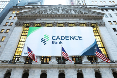 The new Cadence Bank logo is displayed outside of the New York Stock Exchange.