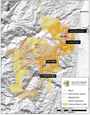 Figure 3: Location of Figure 2 map with respect to the entire property. Outcrop guidance in this release is limited to vein trends within the yellow outline. Four other vein zones are identified. At least three vein zones to the northwest will also be explored. (CNW Group/Outcrop Silver & Gold Corporation)