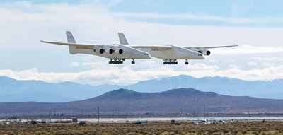Stratolaunch's Roc carrier aircraft landing during its third test flight on Jan. 16, 2022. Roc is the world's largest aircraft by wingspan, standing at 385 ft. It will be used to air-launch the company's Talon hypersonic test vehicles.