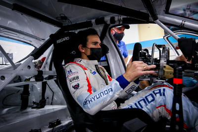 Hyundai Elantra N Hand Controls enable Robert Wickens to utilize his throttle, brake and shifting inputs for his Elantra N TCR at the Bryan Herta Autosport team shop, Indianapolis, Ind., on Dec. 17, 2021. (Photo/Bryan Herta Autosport/LAT)
