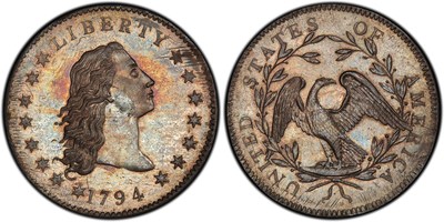Believed by many rare coin researchers to be the first silver dollar struck by the United States Mint, this 1794-dated dollar has been purchased for a record $12 million by GreatCollections Coin Auctions of Irvine, California from Las Vegas, Nevada collector Bruce Morelan.  Photo credit: GreatCollections Coin Auctions.