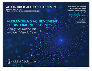 Alexandria Real Estate Equities, Inc., at the Vanguard of the Life Science Industry, Providing High-Quality Office/Laboratory Space to Meet Historic-High Demand, Reports: 4Q21 and 2021 Net Income per Share - Diluted of $0.47 and $3.82, respectively; 4Q21 and 2021 FFO per Share - Diluted, As Adjusted, of $1.97 and $7.76, respectively