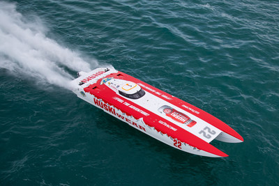 The Huski Chocolate 50-foot Victory catamaran competes during the 2021 Key West World Championship Races. The Huski Team won its first world championship title during the three-race series