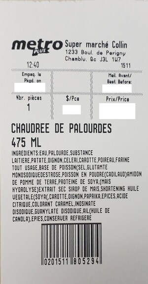 MISE EN GARDE À LA POPULATION - Présence possible de morceaux de métal dans des mets préparés vendus par l'entreprise Metro Plus Supermarché Collin inc.