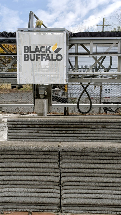 Black Buffalo 3D Construction NEXCON with preprinted wall segments shown as a more sustainable alternative to precast.