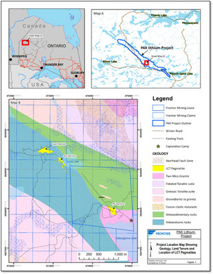 Figure 1: Location map showing geology, land tenure and location of LCT pegmatites (CNW Group/Frontier Lithium Inc.)