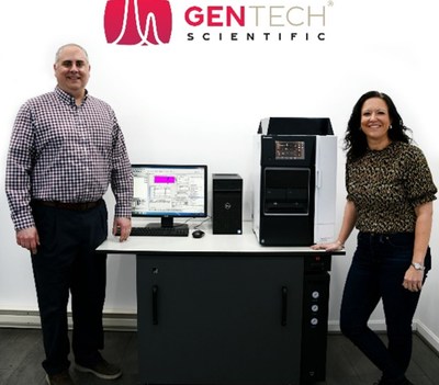 CEO of GenTech Scientific, Mike Lippa, standing besides Yvette Pagano, CCO, in GenTech Scientific located in Arcade N.Y.