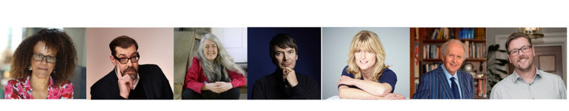 L-R: Bernardine Evaristo, Richard Osman, Mary Beard, Ian Rankin, Rachel Johnson, Alexander McCall Smith, Damian Barr and Ed Balls (February 2022)