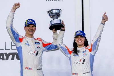 Teammates Michael Lewis and Taylor Hagler celebrate a second-place finish in the four-hour endurance challenge at Daytona International Speedway in Daytona Beach, Fla., on Jan. 28, 2022. (Photo/Bryan Herta Autosport) (CNW Group/Hyundai Auto Canada Corp.) Teammates Michael Lewis and Taylor Hagler celebrate a second-place finish in the four-hour endurance challenge at Daytona International Speedway in Daytona Beach, Fla., on Jan. 28, 2022. (Photo/Bryan Herta Autosport) (CNW Group/Hyundai Auto Canada Corp.)