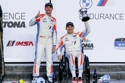 Drivers Robert Wickens and Mark Wilkins celebrate their podium finish in the four-hour endurance challenge race at Daytona International Speedway in Daytona Beach, Fla., Jan. 28, 2022. (Photo/Bryan Herta Autosport) (CNW Group/Hyundai Auto Canada Corp.) Drivers Robert Wickens and Mark Wilkins celebrate their podium finish in the four-hour endurance challenge race at Daytona International Speedway in Daytona Beach, Fla., Jan. 28, 2022. (Photo/Bryan Herta Autosport) (CNW Group/Hyundai Auto Canada Corp.)