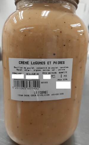 Absence d'informations nécessaires à la consommation sécuritaire de la crème de légumes et poires conditionnée dans des pots en verre vendue par La Fournée