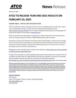 ATCO TO RELEASE YEAR END 2021 RESULTS ON FEBRUARY 23, 2022 (CNW Group/ATCO Ltd.)