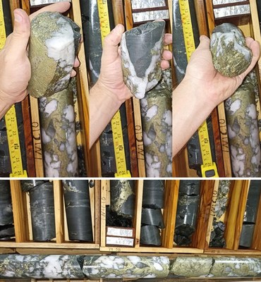 Photo 1: Top: rotated view of CD-094 interval 82.4m. Bottom: Semi-massive mineralization in the Central Copper Zone: CD-094 (interval laid out: 82.0- 82.7m). (CNW Group/Meridian Mining UK Societas)