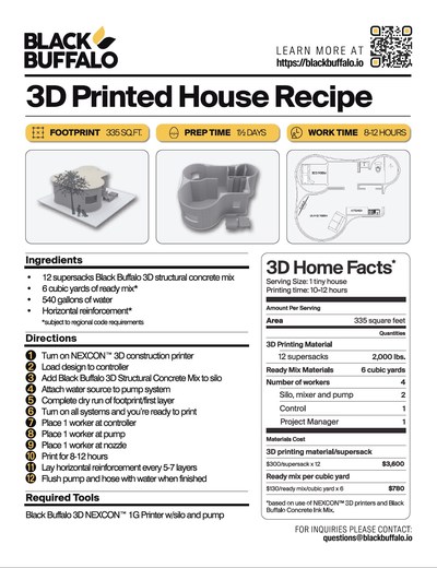 Black Buffalo 3D also released its "Recipe" for a 3D printed tiny house. Black Buffalo 3D sells, leases and rents NEXCON 3D construction printers.