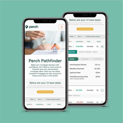 Perch allows Canadians to instantly shop and compare mortgage offers from 20+ lenders, empowering users to find the best mortgage deals online. As the first company in Canada to offer an instant mortgage rate quote online, Perch's newest tool gives users an efficient and convenient way to shop for and compare mortgages. www.myperch.io (CNW Group/Perch)
