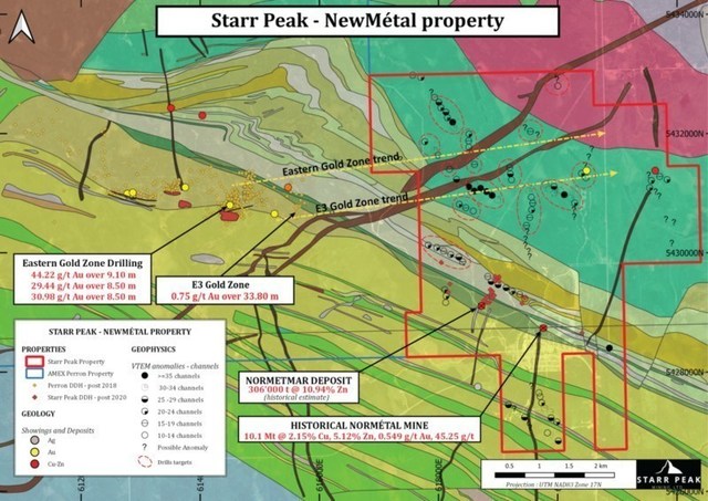 Figure 1: Geological Map of the NewMtal property and its 2021 VTEM anomalies with respect to Amex Explorations Perron Project Eastern and E3 Gold Zones. (CNW Group/Starr Peak Mining Ltd.)