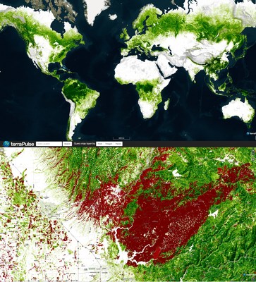 Forest cover/loss in the western Sierra Nevada, California (USA): The terraPulse tree canopy cover map (2021) is displayed in green and forest losses between 2017-2021 are in shades of red. The forest loss shown can be attributed to two large fires: the Camp Fire (153,336 acres, November 8-25 2018) and the North Complex Fire (318,935 acres, August 17-December 3, 2020). The Camp Fire was the costliest disaster of 2018, causing $16.65 billion in property damage, 52,000 evacuations, and 85 deaths.