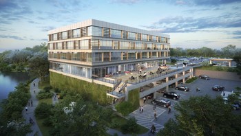 New Medical Office Building in Downtown Columbia's Lakefront District, conceptual rendering, lakeside view. Provided by Studio Red Architects.