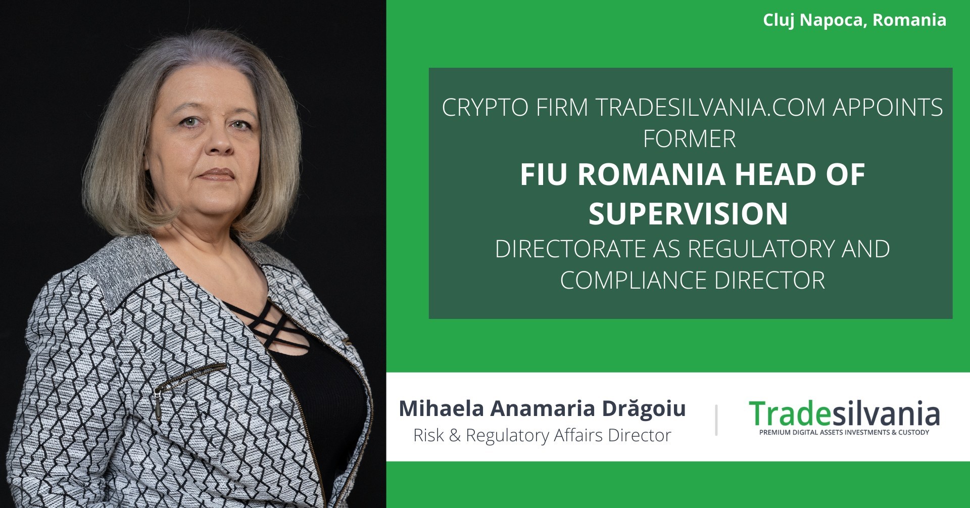 Platforma românească de criptomonede Tradesilvania.com o numește pe Mihaela Drăgoiu, fost șef al Direcției Supraveghere și Control a FIU România (ONPCSB) în funcția de director pentru Risc și Afaceri de Reglementare