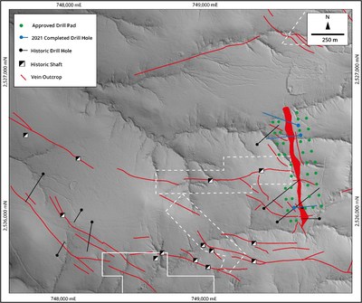 Figure 2: Map of the San Gill Breccia showing the Company’s drill hole locations and recently permitted drill pads. Historical drill hole traces are also shown (black). The base of the map is a grey scale digital elevation model. (CNW Group/Zacatecas Silver Corp.)