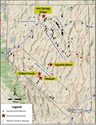 Figure 1. Location map showing the Gilbert South project 30 km west of Tonopah, Nevada in Walker Lane Trend (total gold endowment of over 80 Moz Au and 700 M oz Ag[1]). (CNW Group/Eminent Gold Corp.)