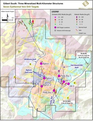 Figure 2. Geologic map overlain on terrain sourced from ESRI online map database showing; recent (star) and historic (diamond) rock samples and geophysical transects (yellow). Drill target locations shown by magenta hexagons. Cross-sections from CSAMT transects (A-A’ & B-B’) are shown in Figures 3 and 4, respectively. (CNW Group/Eminent Gold Corp.)