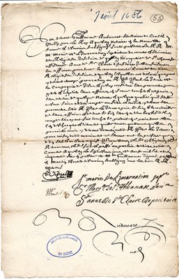 Quittance des révérendes mères Ursulines de Québec au révérend père Paul Le Jeune, Québec, 7 août 1656. Archives nationales à Québec (E21, S64, SS5, SSS1, D295). Auteur : Guillaume Audouart. On retrouve sur ce document la signature de Marie de l’Incarnation, née Marie Guyart, fondatrice des Ursulines de la Nouvelle-France. (Groupe CNW/Bibliothèque et Archives nationales du Québec)