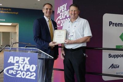 Dave Patterson, President and CEO of Cirtronics, accepting the EMS Industry Service Award at the IPC APEX EXPO 2022 in January.