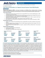 Jack Henry & Associates, Inc. Reports Second Quarter Fiscal 2022 Results