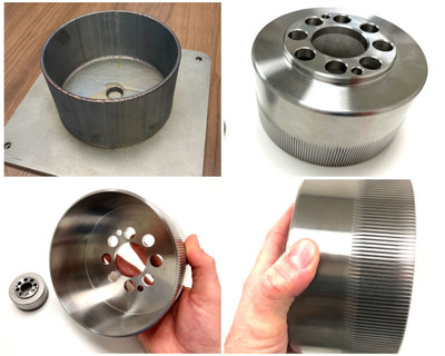 Additive manufacturing used to produce a 6-inch diameter strain wave gear flexspline from 17-4 PH steel. The part was manufactured using directed energy deposition and then precision-machined into the final shape. The prototype is compared to a common size-20 flexspline measuring approximately 2 inches in diameter. For larger flexsplines, additive manufacturing can provide significant cost savings and open the ability to tailor material properties.