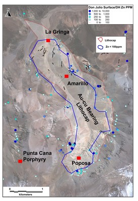 Figure 4. Map of Don Julio copper-gold anomalous lithocap and its zinc halo, with locations of the Poposa, La Gringa-Amarilla and Punta Cana porphyry copper prospects. (CNW Group/Sable Resources Ltd.)
