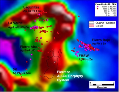 Figure 2. Distribution veins at El Fierro showing silver values and location of El Fierrazo sericitic zone over regional magnetic data. (CNW Group/Sable Resources Ltd.)