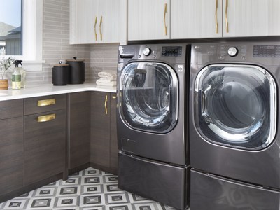 The LG Mega Capacity Front Load Washer with proprietary TurboWash, and its companion Ultra Large Capacity Front Load Electric Dryer streamlines laundry day for homeowners with smart features including artificial intelligence. Credit: Davis Jeffrey