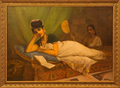 Painted in 1902, the posture and positioning of the Reclining Nair Lady by Raja Ravi Varma is referenced from French artist Eduardo Manet’s ‘Olympia’