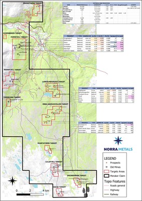 Figure 1. Location map of target areas, old mines and prospects with most significant sample results and mine reported production. (CNW Group/Norra Metals Corp.)