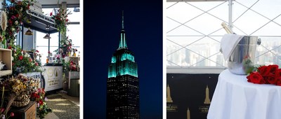 (L to R) The Empire State Building pop-up cart featuring Hometown Flower Co.; The Empire State Building lit in Tiffany Blue®; Champagne and flowers featured for the Happily Ever Empire proposal package.