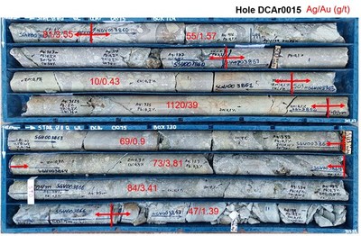 Photo 1: Gold-silver mineralized drill core in hole DCAr0015 including Ag/Au g/t grades (in red) across the marked intervals (CNW Group/New Pacific Metals Corp.)
