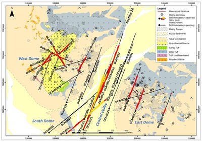 Figure 1 Simplified geology map and drill holes of 2021 drill program of Carangas Project (CNW Group/New Pacific Metals Corp.)