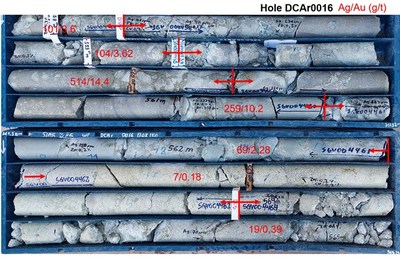 Photo 2: Gold-silver mineralized drill core in hole DCAr0016 including Ag/Au g/t grades (in red) across the marked intervals (CNW Group/New Pacific Metals Corp.)