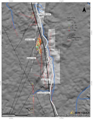 Map #1. Plan view of the Estrella-Diamantina project with planned 
drilling stations, vein traces, faults and gold values. (CNW Group/Soma Gold Corp.)