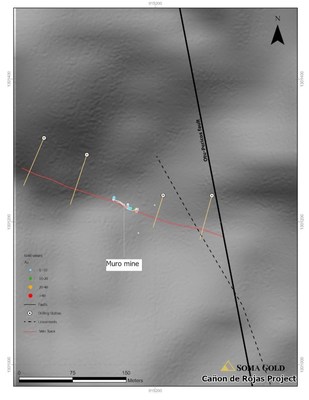 Map #3. Plan view of Cañon de Rojas project with planned drilling stations, vein traces, faults and gold values (CNW Group/Soma Gold Corp.)