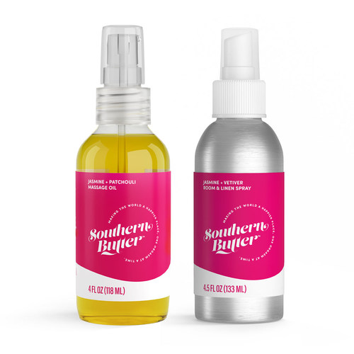 Southern Butter "Love is in the Air" Aphrodisiac Duo Set - Jasmine + Patchouli Massage Oil & Jasmine + Vetiver Room & Linen Spray