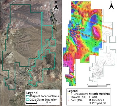 Figure 1 – Location map of the South Bullfrog project displaying Zacapa’s expanded land position, which was increased 36% to 40 km2 through new staking (left); Airborne magnetic geophysical survey overlain by geochemical survey locations and IP geophysical survey (right) (CNW Group/Zacapa Resources)