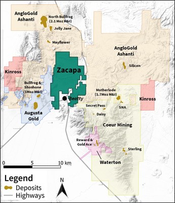 Figure 2 – Location map of the South Bullfrog project displaying Zacapa’s enhanced land position relative to regional gold mines and development projects in the rapidly developing Beatty District3,4,5,6 (CNW Group/Zacapa Resources)
